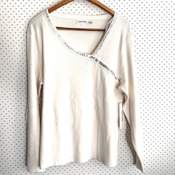 Calvin Klein Asymmetric Sequin Sweater L White NWT Academia Minimalist Capsule - Picture 3 of 7